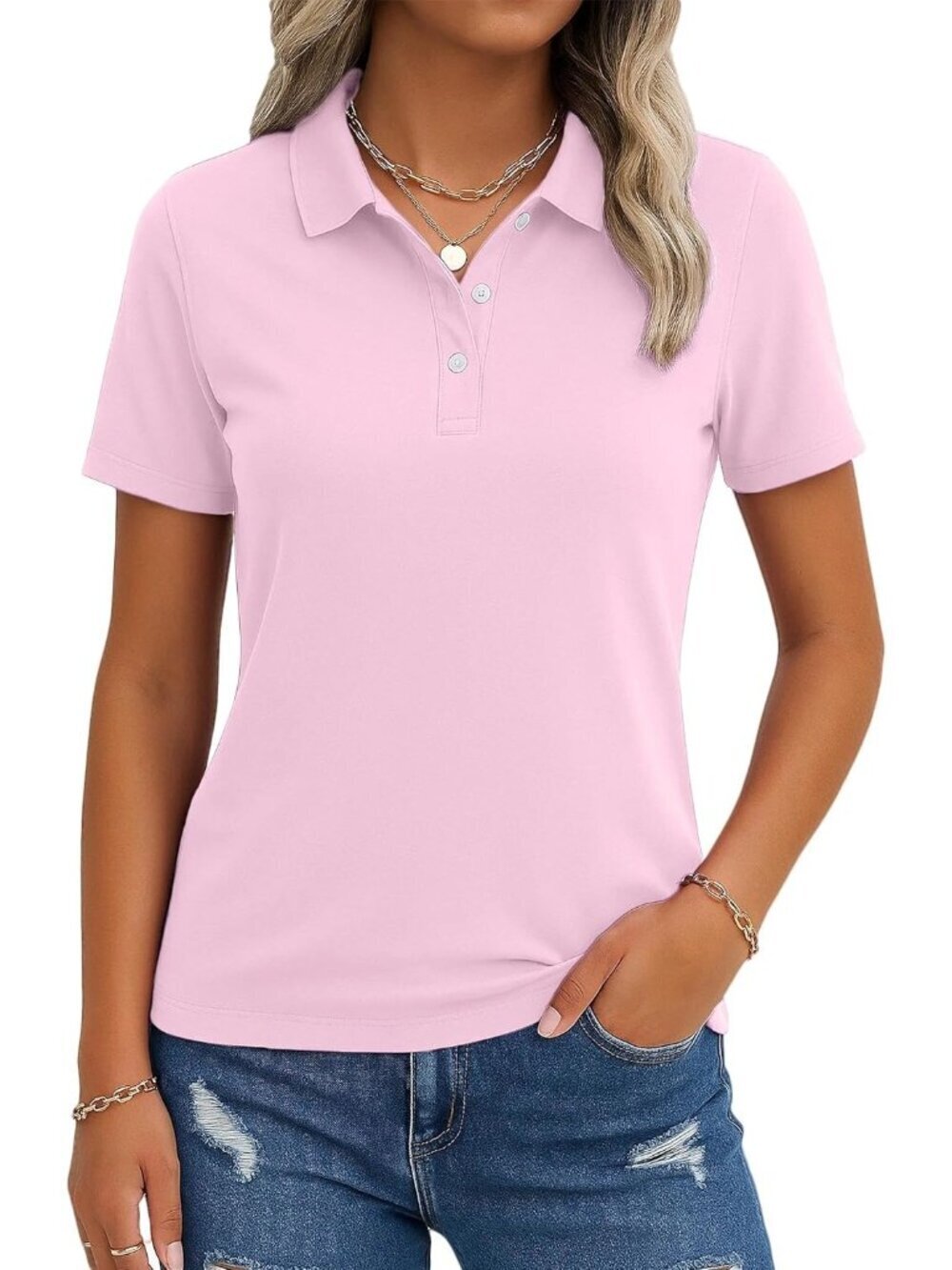 Womens Light Pink Polo Shirts Short Sleeve 3-Button UPF50+ Golf Tops Casual Fits